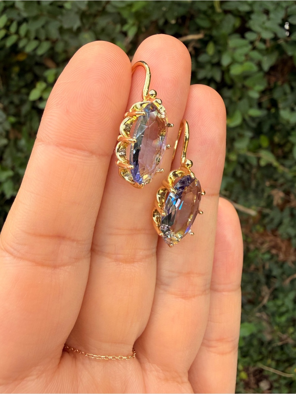 Gold Plated Earrings with Iridescent Lavender Crystal Drops - Picture 5 of 7